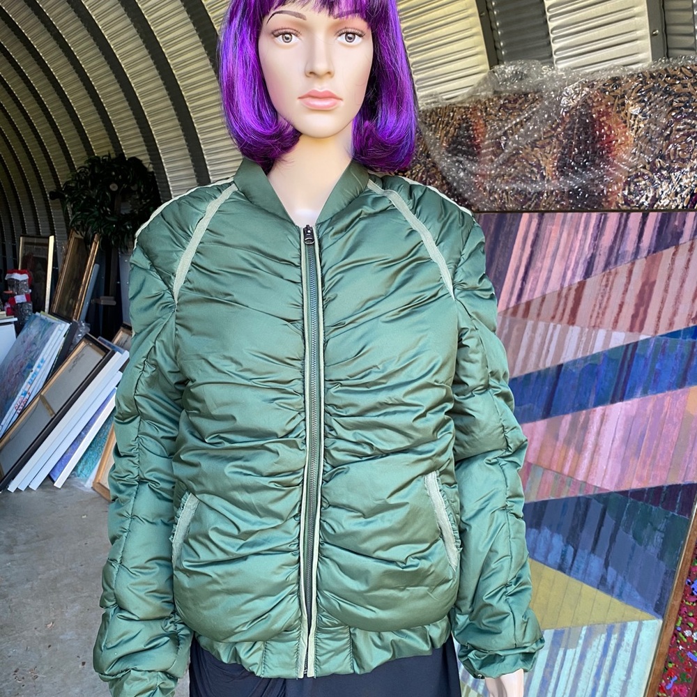 Platinum Olive Nylon Shirred Puffer Bomber Jacket